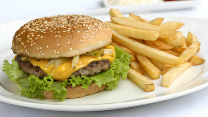 Delicious Cheeseburger and French Fries on a White Plate