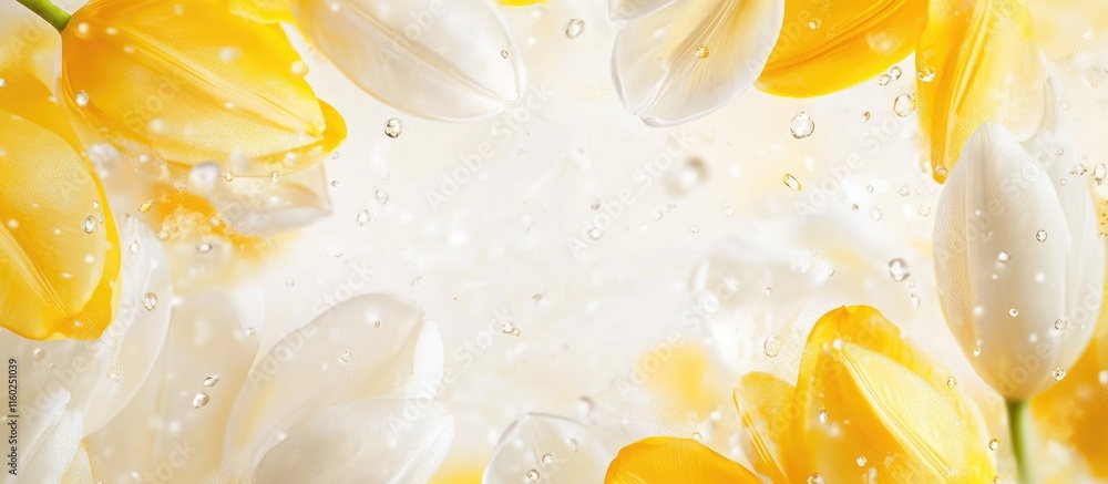 Poster yellow and white tulip flowers creating a vibrant background with a soft focus blank space for text 