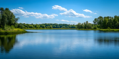 Obraz premium Tranquil Lake Surrounded by Lush Greenery Under Clear Blue Sky : Generative AI