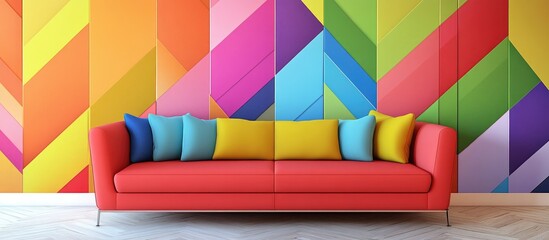 Colorful geometric patterns suitable for children's wallpaper featuring a contemporary sofa and space for customization.