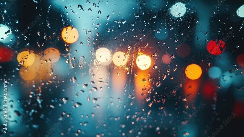 Poster raindrops on a clear window with blurred city lights during stormy weather creating a moody atmosphe