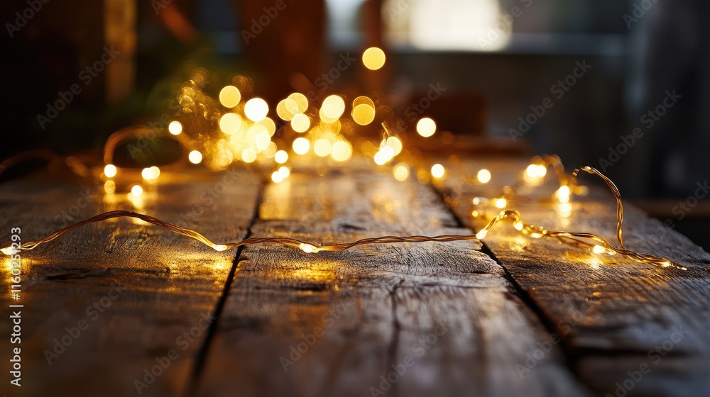 Aufkleber cozy ambiance with string lights glowing on a rustic wooden table for a warm and inviting atmosphere