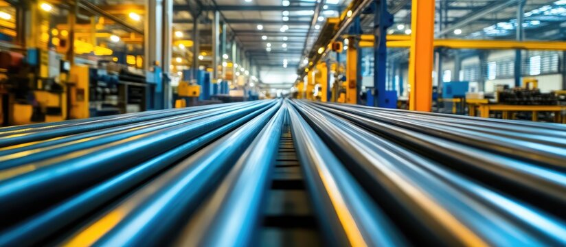 Wide angle view of an industrial manufacturing facility showcasing swaged rods with ample empty space for customizable text or branding.