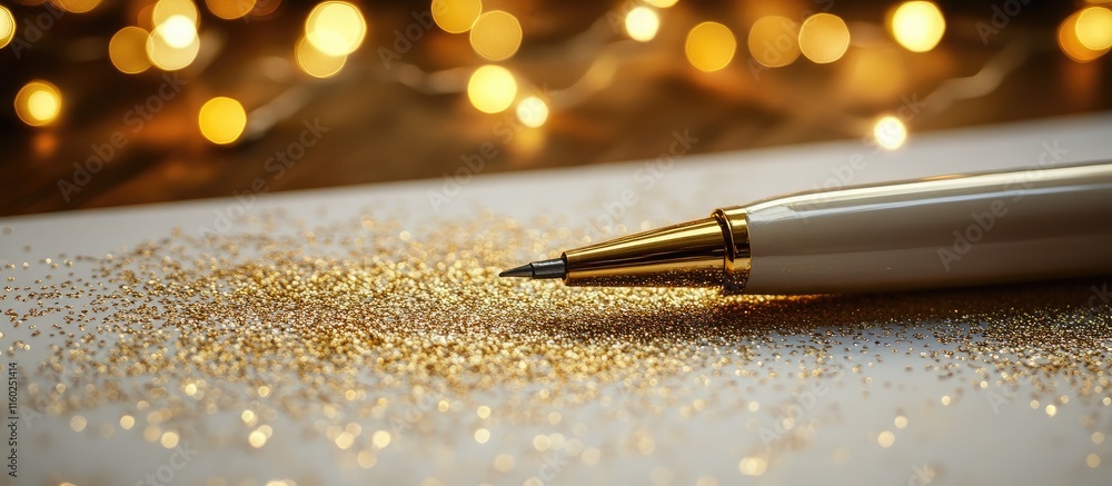 Poster elegant pen resting on a sparkling paper with glitter and blurred warm lights creating a festive atm