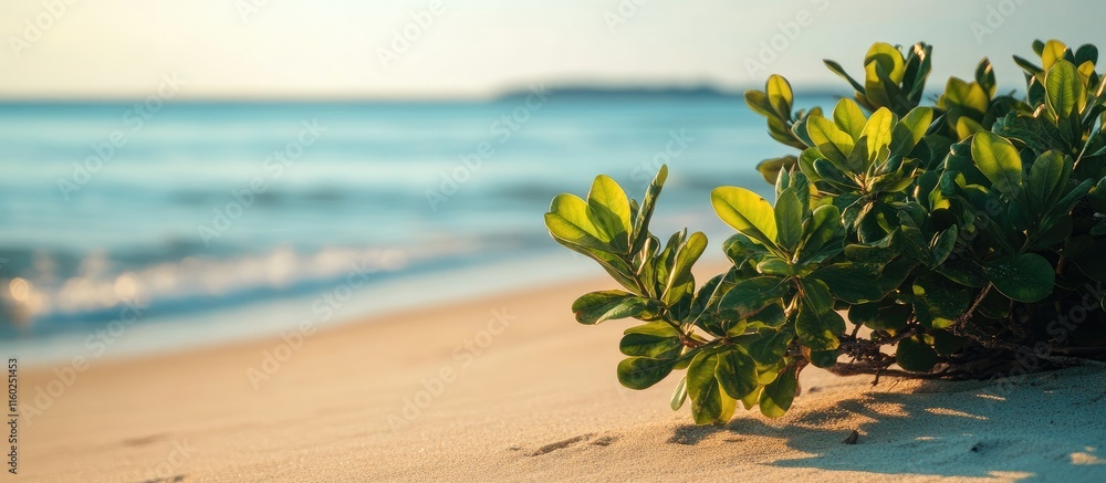 Poster Summer beach scene with Carissa carandas shrub and empty copy space for text by the ocean waves and sandy shore under warm sunlight