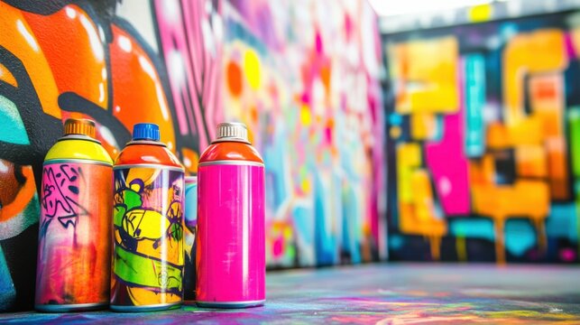 A vibrant urban graffiti art studio with spray cans and colorful murals, Graffiti artist's workspace amidst vibrant street art, Urban art style