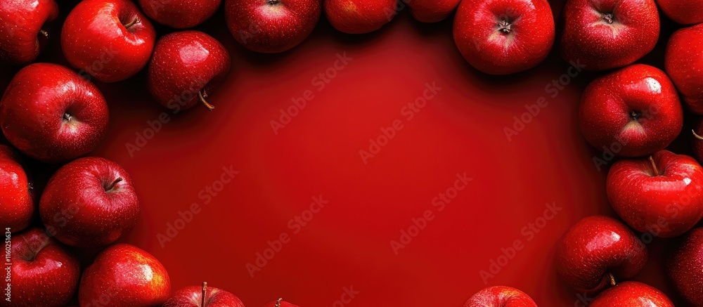 Poster fresh red apples in a circular arrangement on vibrant red background ideal for text or branding plac