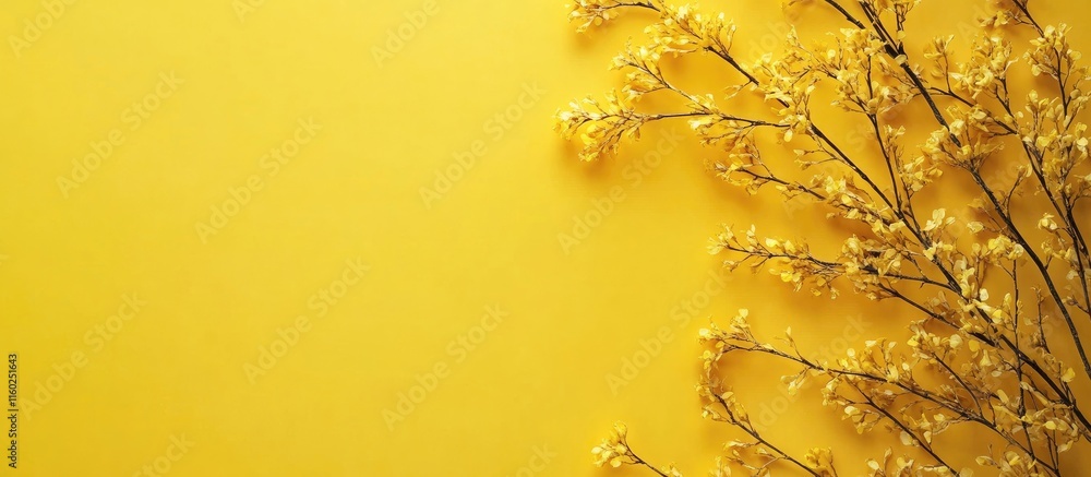 Poster bright yellow background with empty space for text and delicate floral elements for elegant design u
