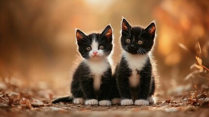 Obraz premium Two Adorable Black and White Kittens Sitting Together on a Warm Brown Background with Sunlit Highlights and Autumn Leaves