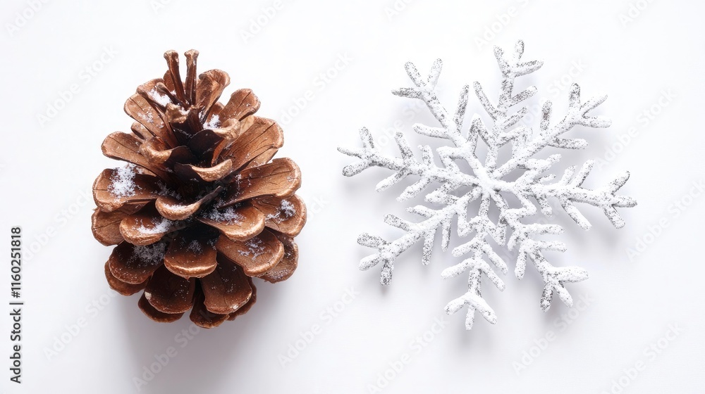 Poster pine cone and snowflake on a blank white background creating a serene winter holiday atmosphere for 
