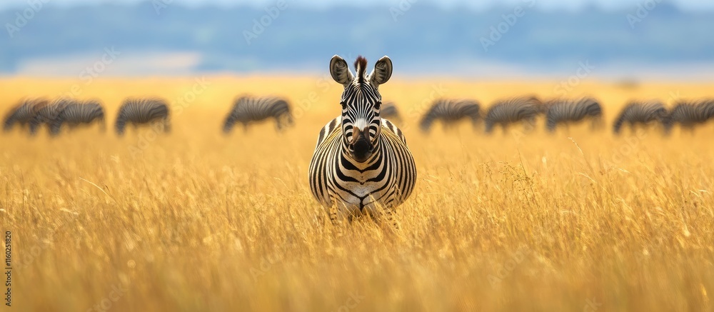 Poster zebra gazing at the camera in a golden field with blurred background ideal for text placement and wi