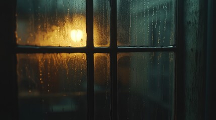 Raindrops on Windowpane with Warm Sunset Glow Creating a Moody Rainy Atmosphere