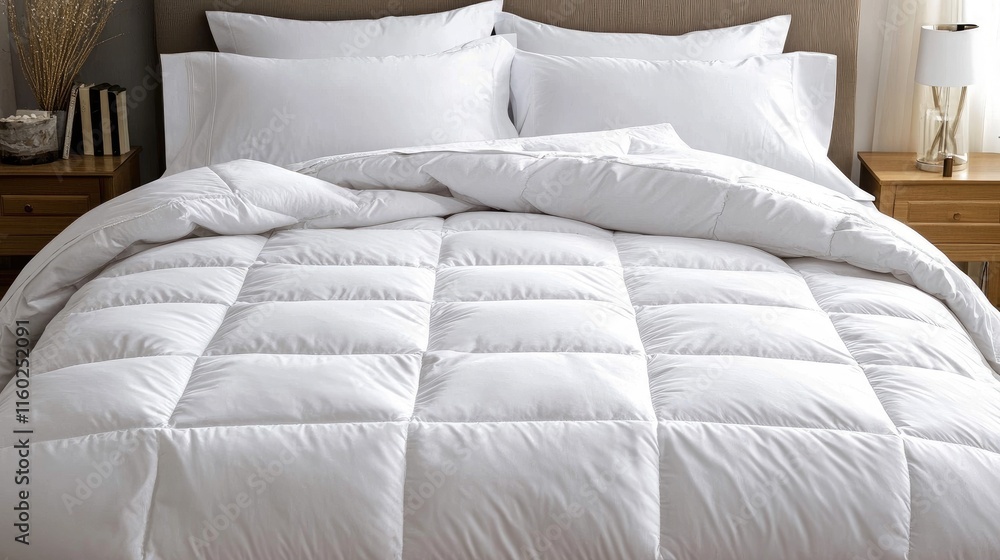 Poster cozy white bedding with soft pillows and a plush comforter on a serene bedroom setting for tranquil 