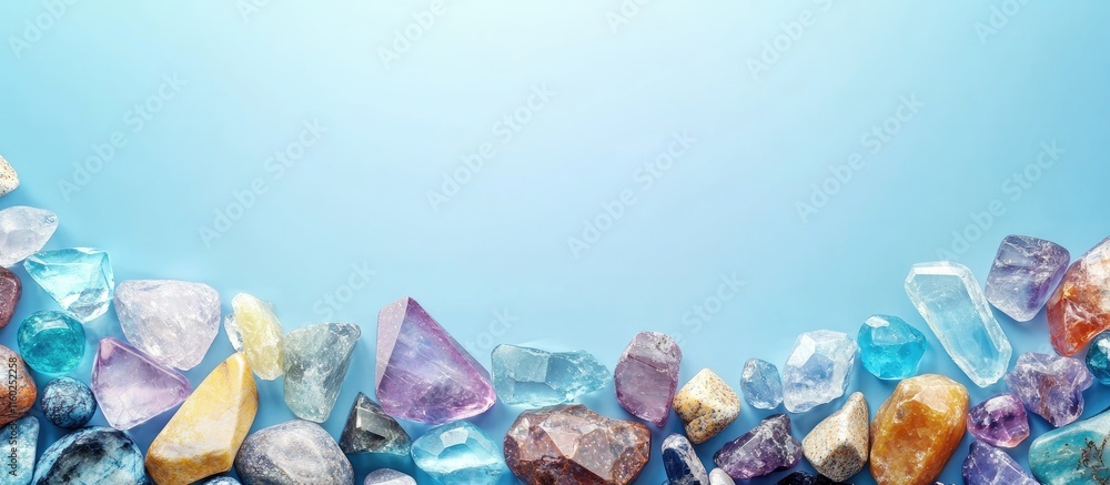 Poster assorted gemstones for healing and astrology against a clear sky background with empty space for tex