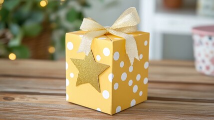 Festive yellow gift box adorned with a gold star and ribbon on a rustic wooden table for holiday or celebration themes