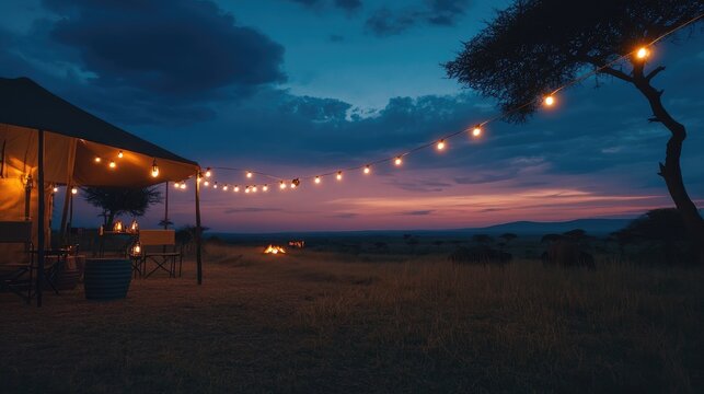 Twilight safari camp adorned with string lights creating a warm ambiance against a serene dusk landscape