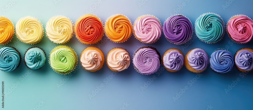 Poster colorful cupcakes arranged in a spiral pattern with a gradient background creating a lively and dyna
