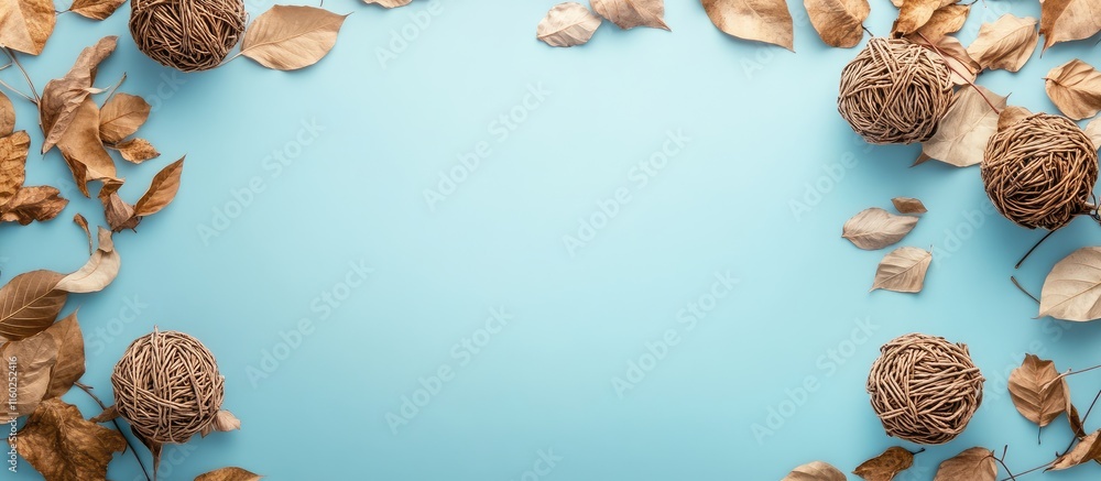 Poster wicker frame with dry leaves and wicker balls on blue background creating empty space for text or de