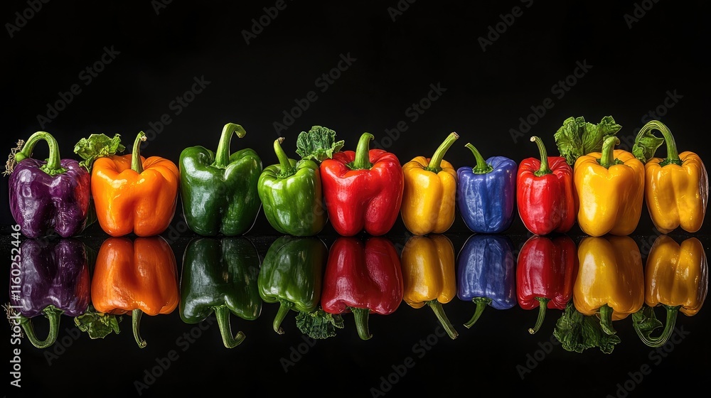 Poster colorful array of assorted bell peppers beautifully arranged with reflective surface and dramatic st