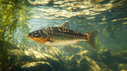 Fototapeta premium European Barb Fish Gliding Through Its Natural Aquatic Habitat Surrounded by Lush Underwater Vegetation and Clear Water