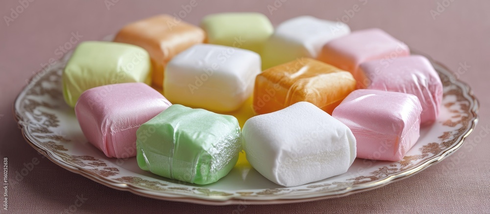 Poster colorful wrapped marshmallow candies arranged elegantly on a decorative plate with empty space for c