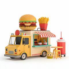Colorful Cartoon Food Trucks with Burgers and Hot Dogs