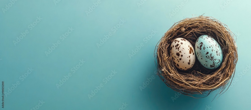 Poster decorative easter eggs nestled in a bird's nest against a blue background with ample space for your 