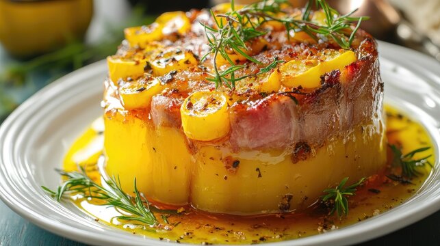 Saffron Infused Lamb Steak with Gelatin Timbale and Au Gratin Accompaniment Perfect for Upscale Italian Dining Menus and Culinary Promotions