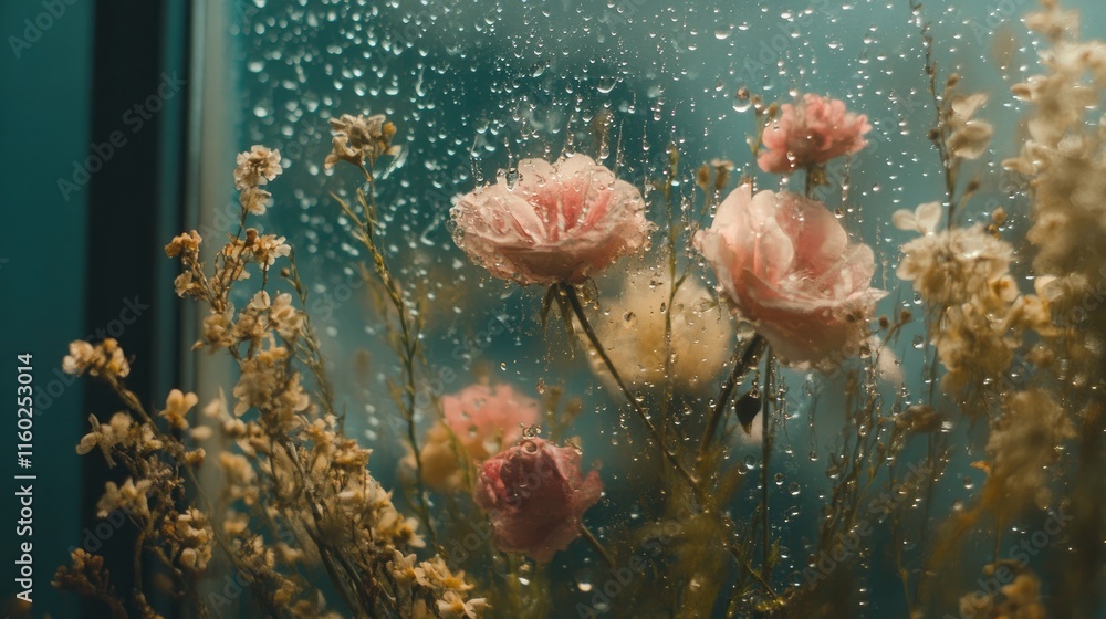 Poster raindrops on window with soft pink flowers creating a tranquil spring atmosphere in a cozy indoor se
