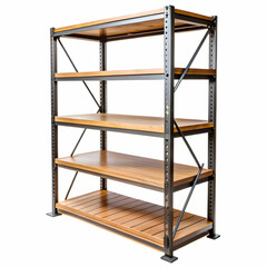 A sturdy metal rack featuring wooden shelves, combining industrial and rustic design elements,