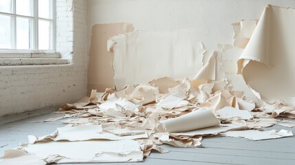 Textured studio backdrop of torn paper and scattered fabric pieces creating an artistic and creative atmosphere for design projects