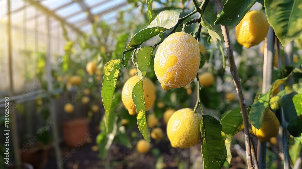 Poster lemon tree displaying leaf curl and disease signs in a sunny greenhouse with ripe lemons in an autum