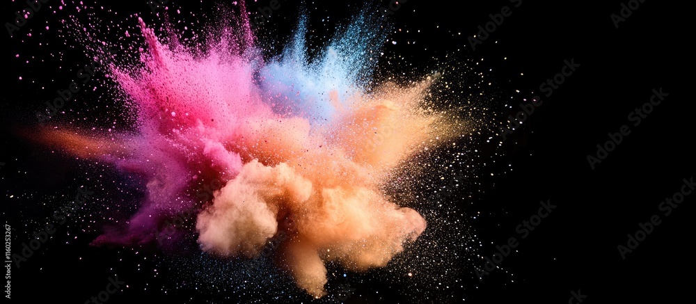 Poster colorful powder explosion on black background creating dynamic visual effect with space for text and