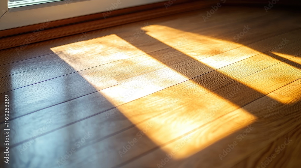 Poster sunlit vinyl floor corner with reflections and shadows from a window creating a bright and spacious 