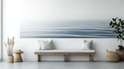 Calm striped seascape mural on a minimalist white wall with cozy seating and green plants in a serene interior setting