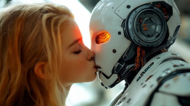 Kissing android and young woman.  Created with AI.