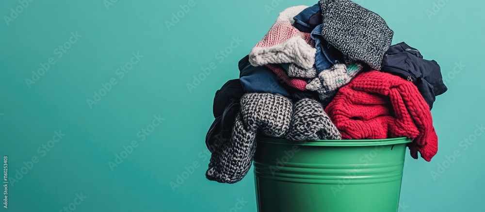 Poster heap of winter clothing in green bucket with solid background and blank space for text customization