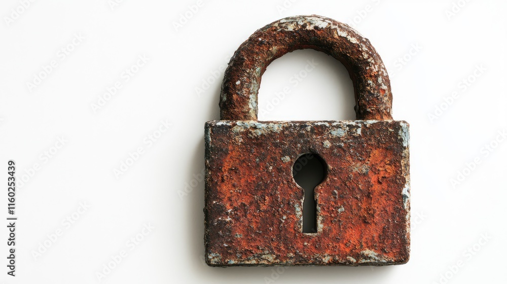Poster rusty padlock symbolizing data security and protection on a clean white background for cybersecurity