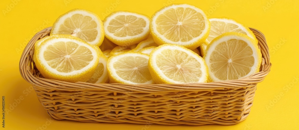 Poster sliced lemons arranged in a wicker basket on a vibrant yellow background with ample space for text a