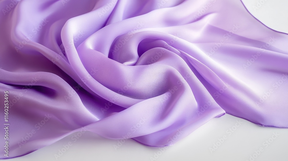 Poster pastel violet silk fabric draping elegantly on a light surface creating a smooth and luxurious textu