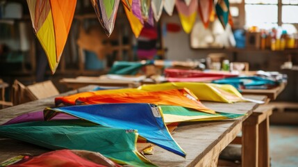 A well-ordered kite-making workshop, Colorful kites in various stages of assembly, Artisanal craftsmanship style