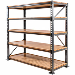 A sturdy metal rack featuring wooden shelves, combining industrial and rustic design elements,