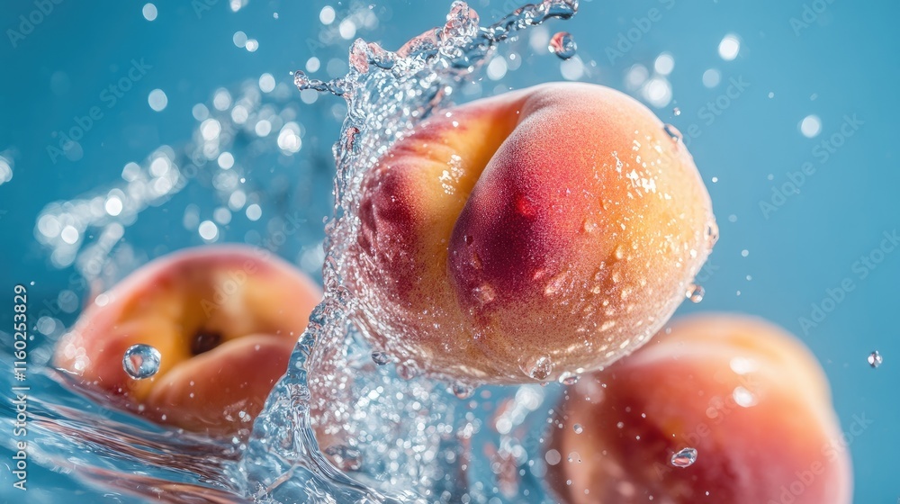 Poster fresh peaches splashing into clear water creating dynamic droplets against a soft blue background