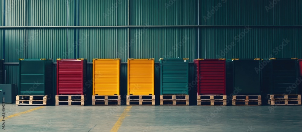 Aufkleber cargo containers on pallets in a wholesale warehouse with empty copy space for custom text or brandi