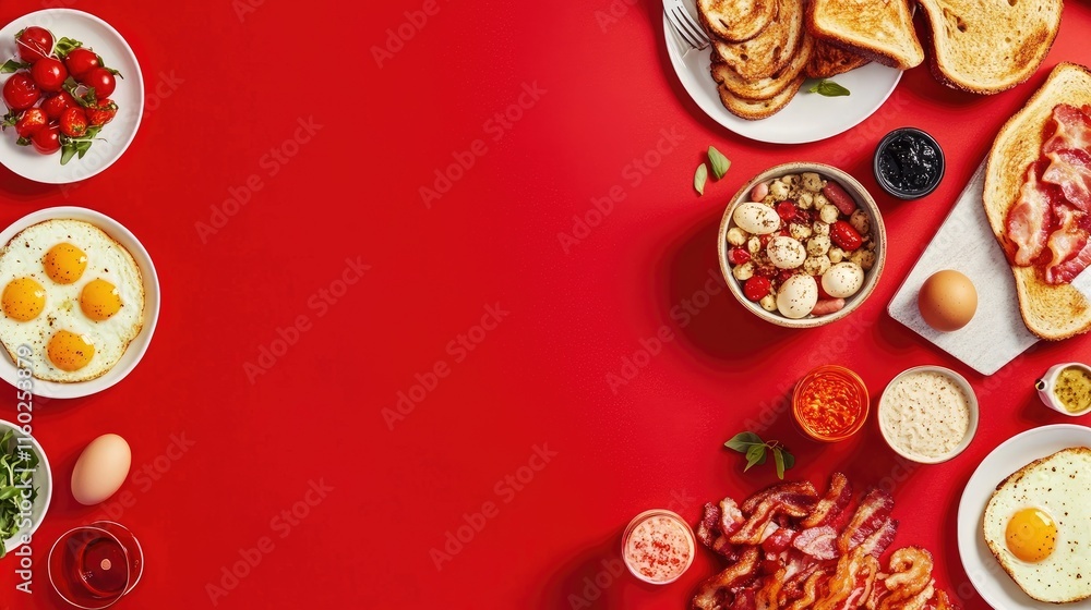 Poster breakfast spread flat lay with toast bacon eggs sausage and fresh ingredients on a vibrant red backd
