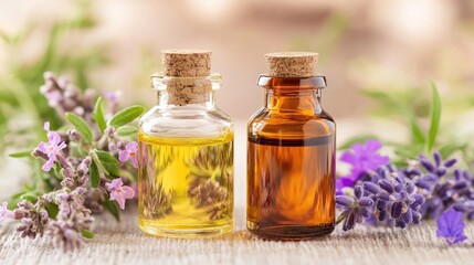 Two Essential Oil Bottles Surrounded by Lavender and Herbs on Natural Linen Background