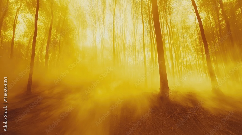 Poster forest engulfed in yellow flames with burning trees creating an intense and chaotic atmosphere among