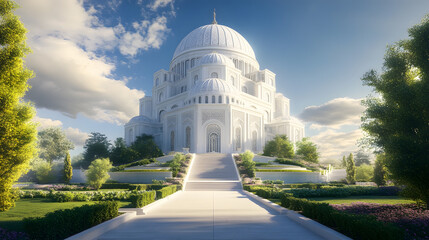 Obraz premium Majestic White Dome Structure Surrounded by Lush Gardens Under Clear Blue Skies : Generative AI