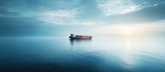 Cargo ship transporting containers on calm water with dramatic sky and copy space for text on serene oceanic backdrop