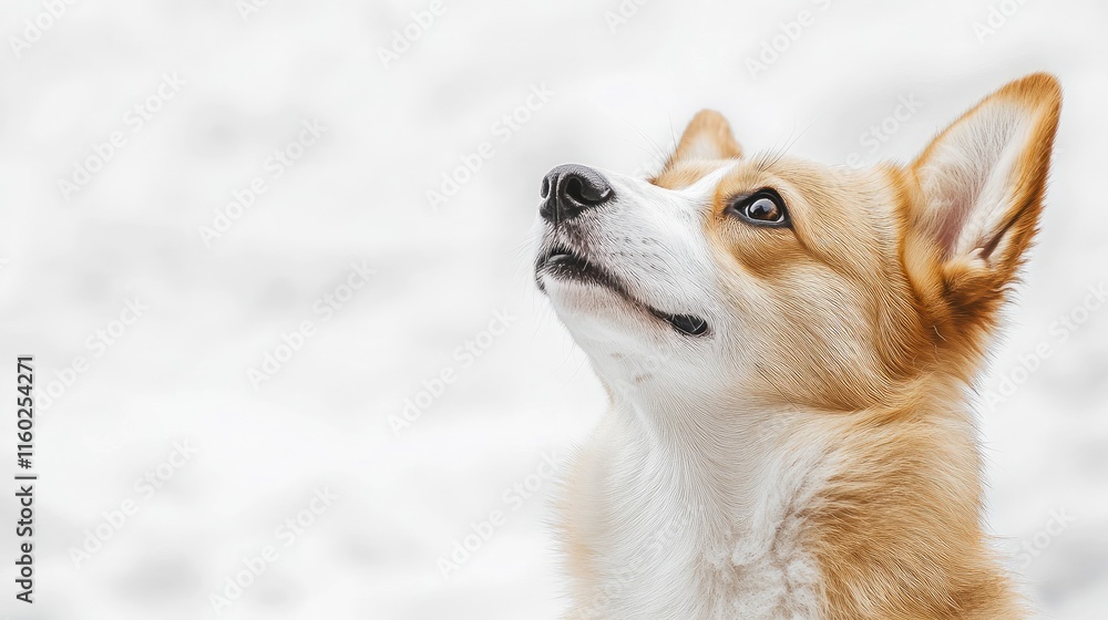 Aufkleber corgi dog looking up with empty copyspace for text in a serene and minimalistic snowy background